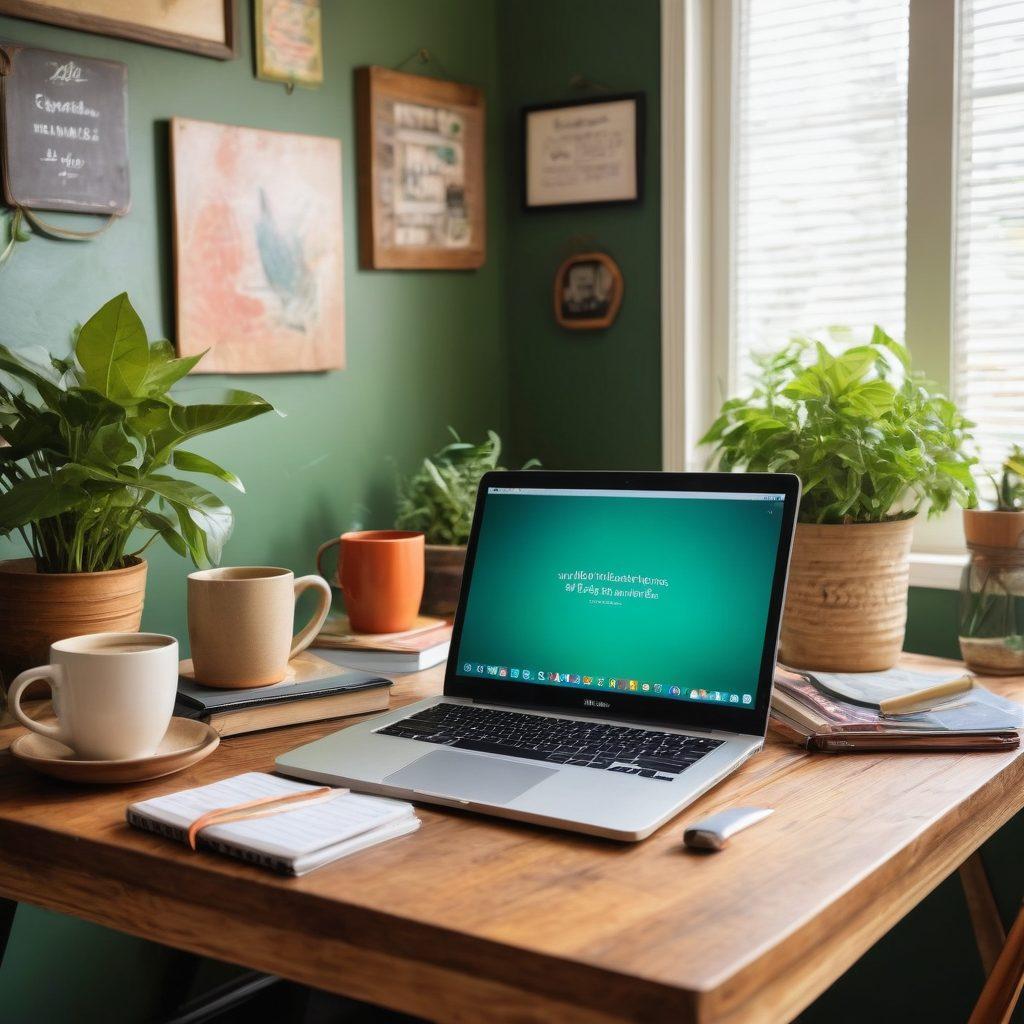 A cozy home office setup featuring a stylish laptop, vibrant notebooks, and an inviting cup of coffee on a wooden desk. In the background, a wall adorned with inspiring quotes and colorful artwork, creating a warm and creative atmosphere. The scene captures the essence of lifestyle blogging with personal touches such as plants and vintage decor. natural lighting. super-realistic. vibrant colors.